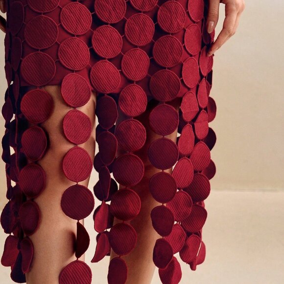 Burgundy Elegant Women's Knitted Sling Soluble Lace Short Dress - Picture 6 of 6